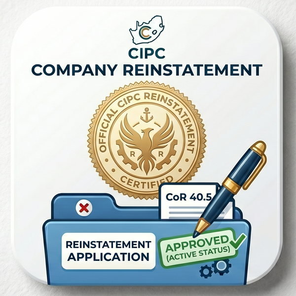 CIPC Company Reinstatement document with a pen on a light gray background