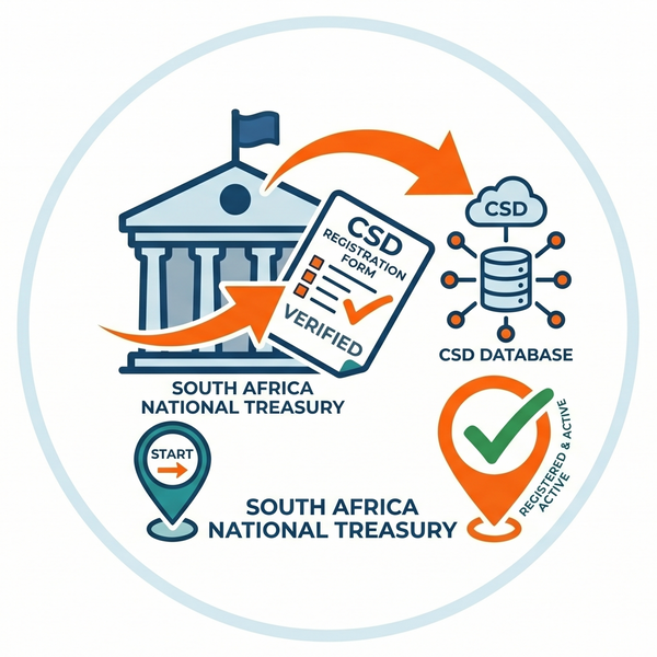 Diagram of South Africa National Treasury processes with icons and text