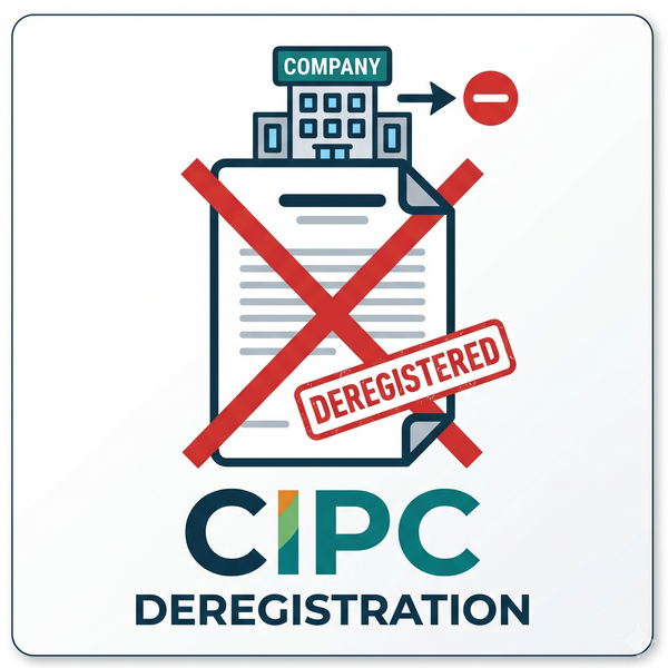 CIPC deregistration icon with a building and document symbolizing company deregistration.