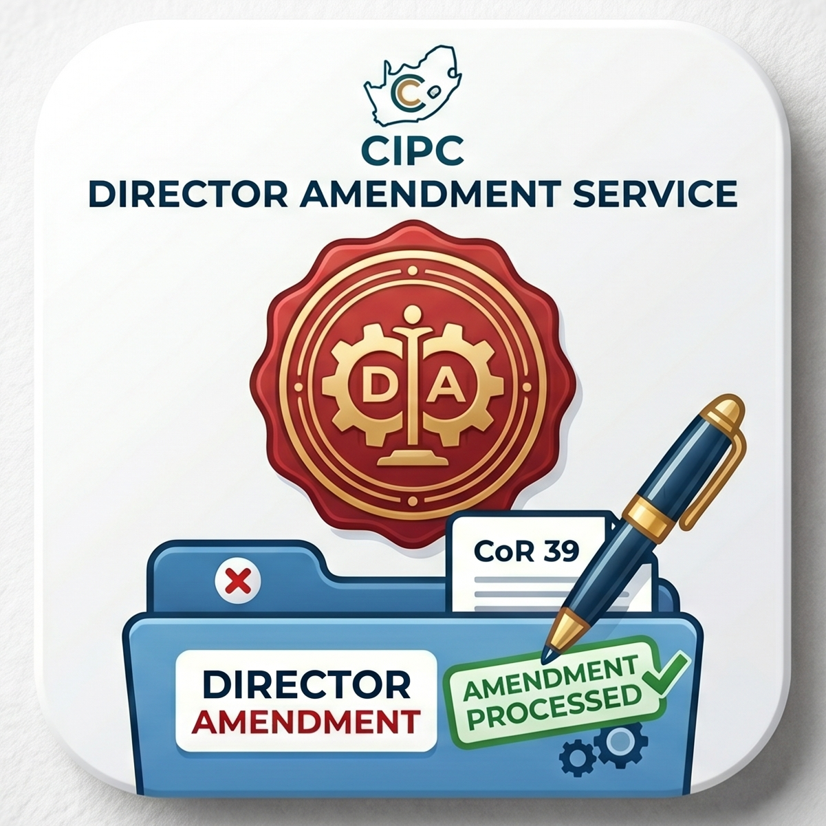 CIPC Director Amendment Service icon with a folder and pen on a light gray background