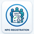 NPO registration icon with people around a document on a light blue background