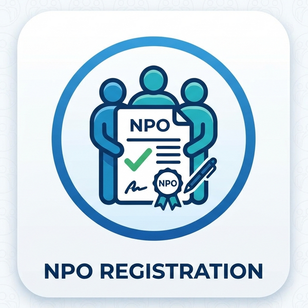 NPO registration icon with people around a document on a light blue background