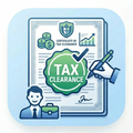 Icon of a certificate of tax clearance with a checkmark on a light blue background