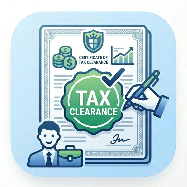 Icon of a certificate of tax clearance with a checkmark on a light blue background