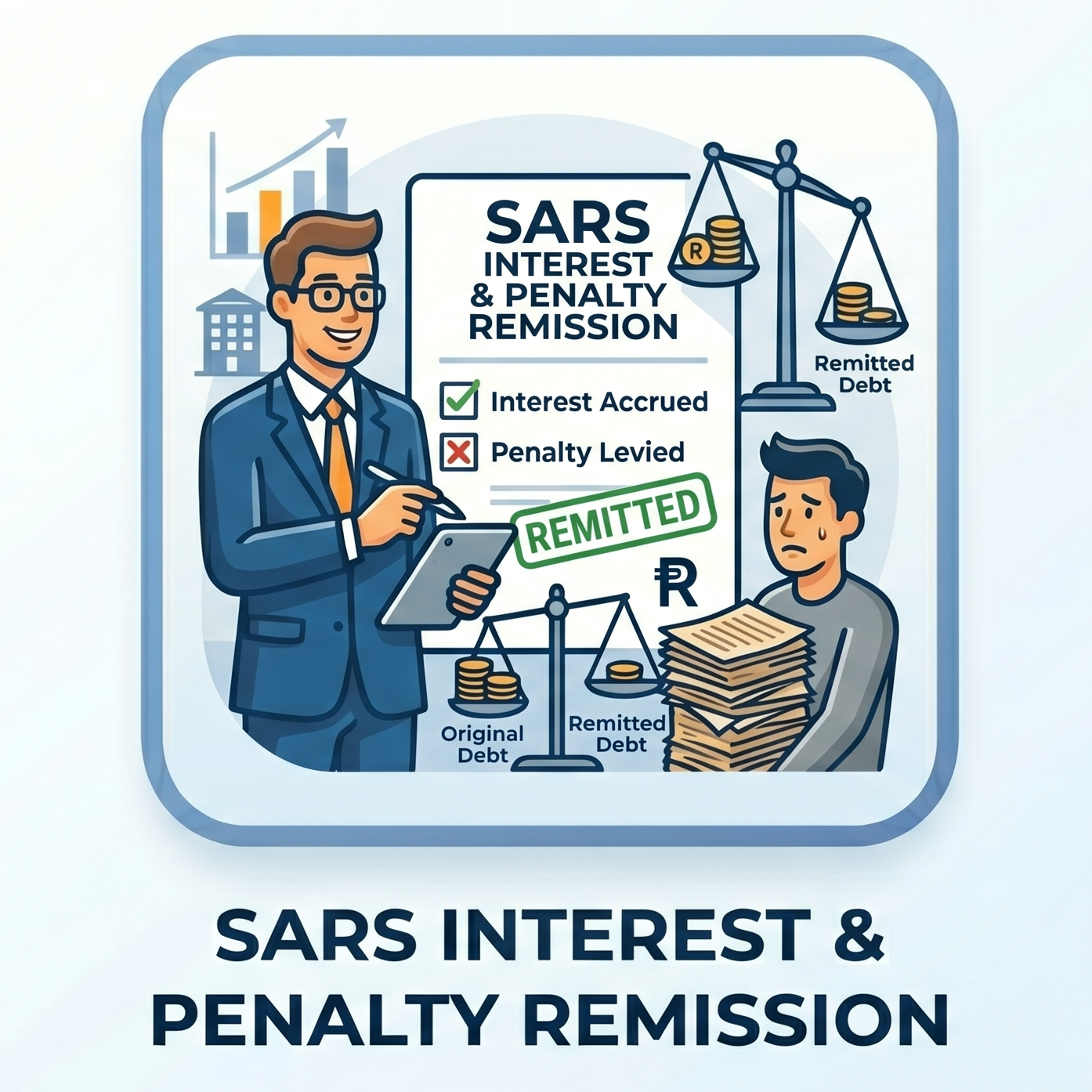 Illustration of a business scenario related to SARS interest and penalty remission with two people and a tablet.