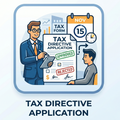 Illustration of a tax directive application process with a person in a suit and another in a chair, set against a blurred office background.