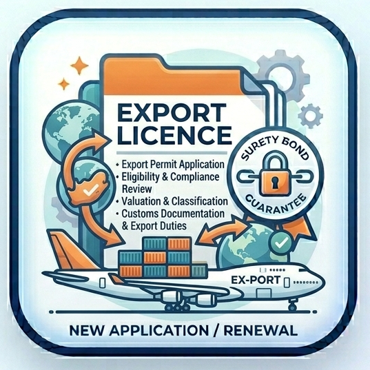Export licence application icon with text on a light blue background